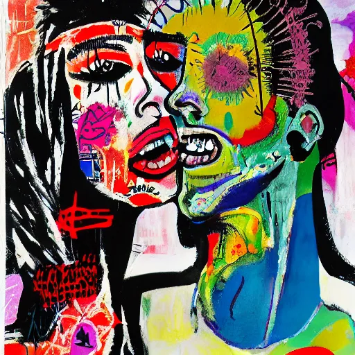 Prompt: acrylic painting of two bizarre psychedelic goth women kissing in japan in spring, speculative evolution, mixed media collage by basquiat and jackson pollock, maximalist magazine collage art, sapphic art, psychedelic illustration