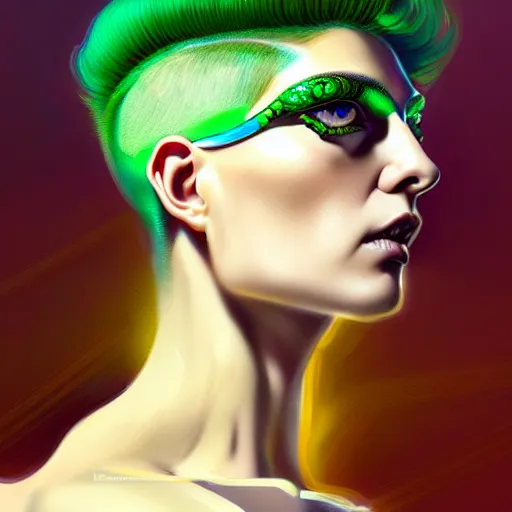 Image similar to woman with extremely large and intricate haircut with angry green eyes and slim features looking askance, eye cyberpunk bionics, retro futurist style, intricate, elegant gleaming intricate baroque jewelry, angelic halo, highly detailed, digital painting, artstation, concept art, smooth, sharp focus, illustration, art by wlop, mars ravelo and greg rutkowski,