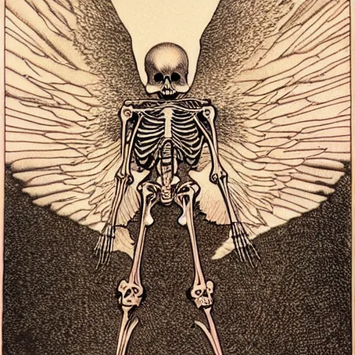 Prompt: the angel of death descends. Skeletal. Detailed Artwork by Moebius.