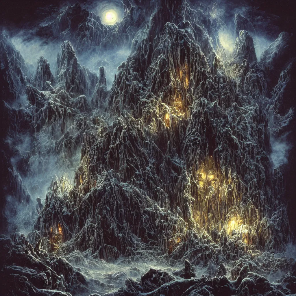 Image similar to haunted mountains of madness at night, upward cinematic angle, by rodney matthews, michael kaluta and bill sienkiewicz, ghostly darkness, thick lush winter atmosphere, stunning composition, screaming skull faces, intricate, dark eerie night color scheme, elegant, digital art, hyperdetailed, colorful hyperrealism, brilliant photorealism, horror, masterpiece, 4k