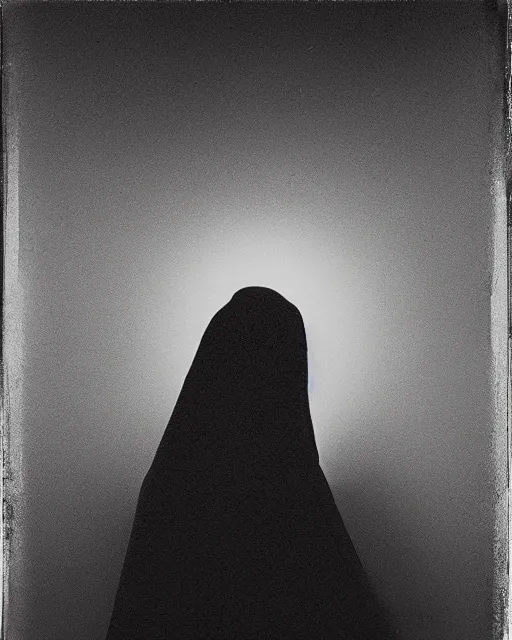 Image similar to photorealism, polaroid, black and white, female silhouette, black veil, noise, out of focus, long exposure