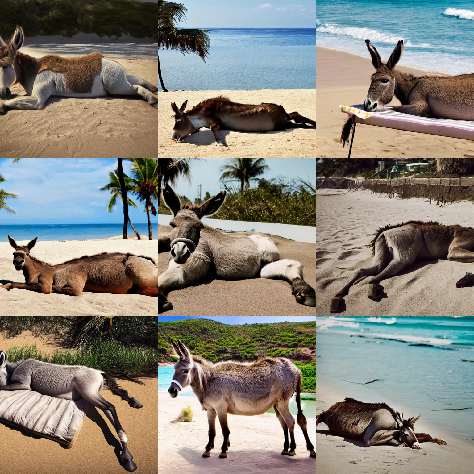 Image similar to A donkey lying on a sunbed near the beach, photorealistic