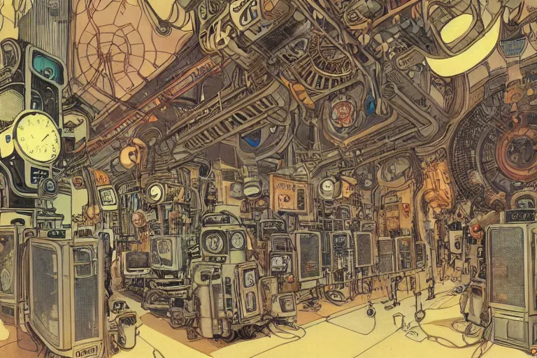 Image similar to front view on steampunk communication room with big vapor tubes and computers, mad scientist working, giant video screens, sci - fi vending machine, big plants, retrofuturism, concept art by mucha and moebius and victo ngai, clean line, diesel punk