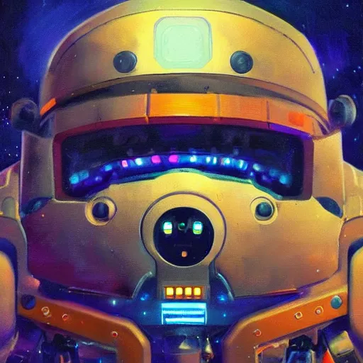 Image similar to a dark and colorful close - up of a sci - fi mecha bear robot with led lights glowing fog in the background. highly detailed science fiction painting by norman rockwell, frank frazetta, and syd mead. rich colors, high contrast, gloomy atmosphere, dark background. trending on artstation