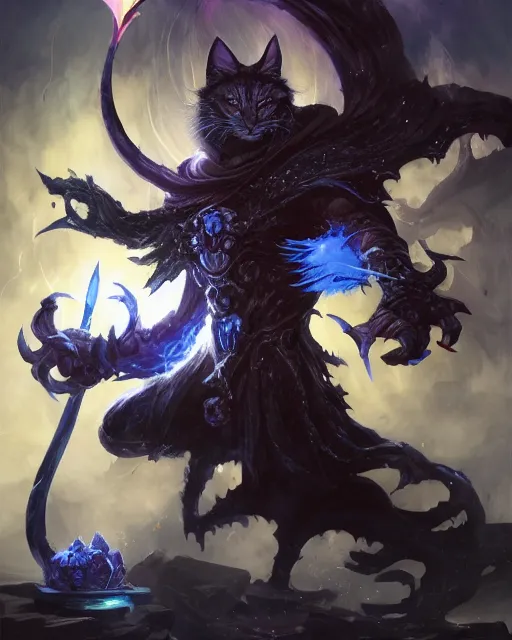 Prompt: Dark Cat Magus, Tzeentch, magic the gathering artwork, D&D, fantasy, cinematic lighting, centered, symmetrical, highly detailed, digital painting, artstation, concept art, smooth, sharp focus, illustration, volumetric lighting, epic Composition, 8k, art by Akihiko Yoshida and Greg Rutkowski and Craig Mullins, oil painting, cgsociety