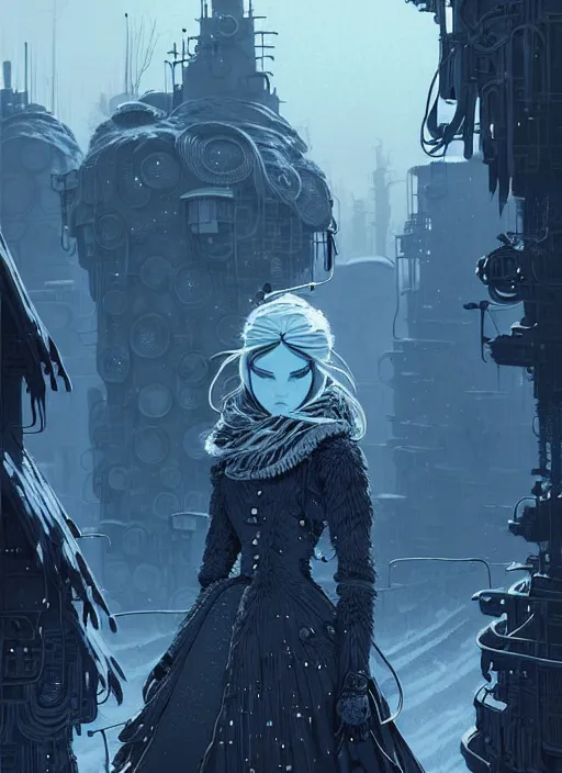 Image similar to highly detailed portrait of a frostpunk long blonde hair lady tribal lady, stray wiring by atey ghailan, james gilleard, by joe fenton, by greg rutkowski, by greg tocchini, by kaethe butcher, 4 k resolution, gradient blue, black and white color scheme!!! ( ( glaciated robotic dystopian city background ) )