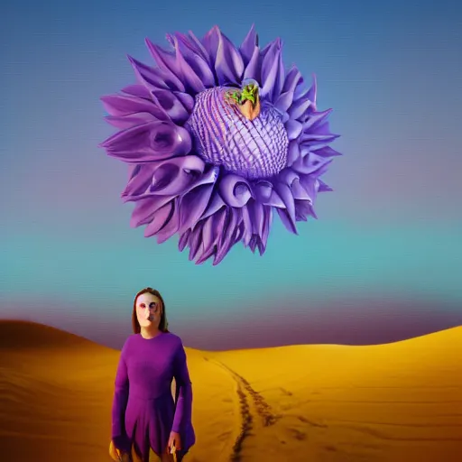 Image similar to portrait, giant purple dahlia flower head, woman between dunes, surreal photography, sunrise, blue sky, dramatic light, impressionist painting, digital painting, artstation, simon stalenhag