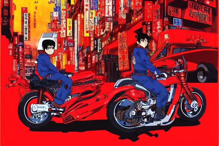 Prompt: Kaneda riding red futuristic Akira motorcycle in Neo Tokyo, created by Hideaki Anno + Katsuhiro Otomo +Rumiko Takahashi, Movie poster style, box office hit, a masterpiece of storytelling, (Akira 1988) highly detailed 8k