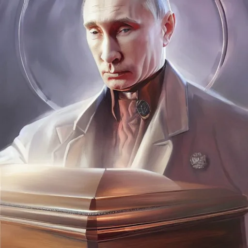 Image similar to putin on the coffin, death, funeral, portrait, highly detailed, full body, digital painting, trending on artstation, concept art, sharp focus, illustration, art by artgerm and greg rutkowski and magali villeneuve