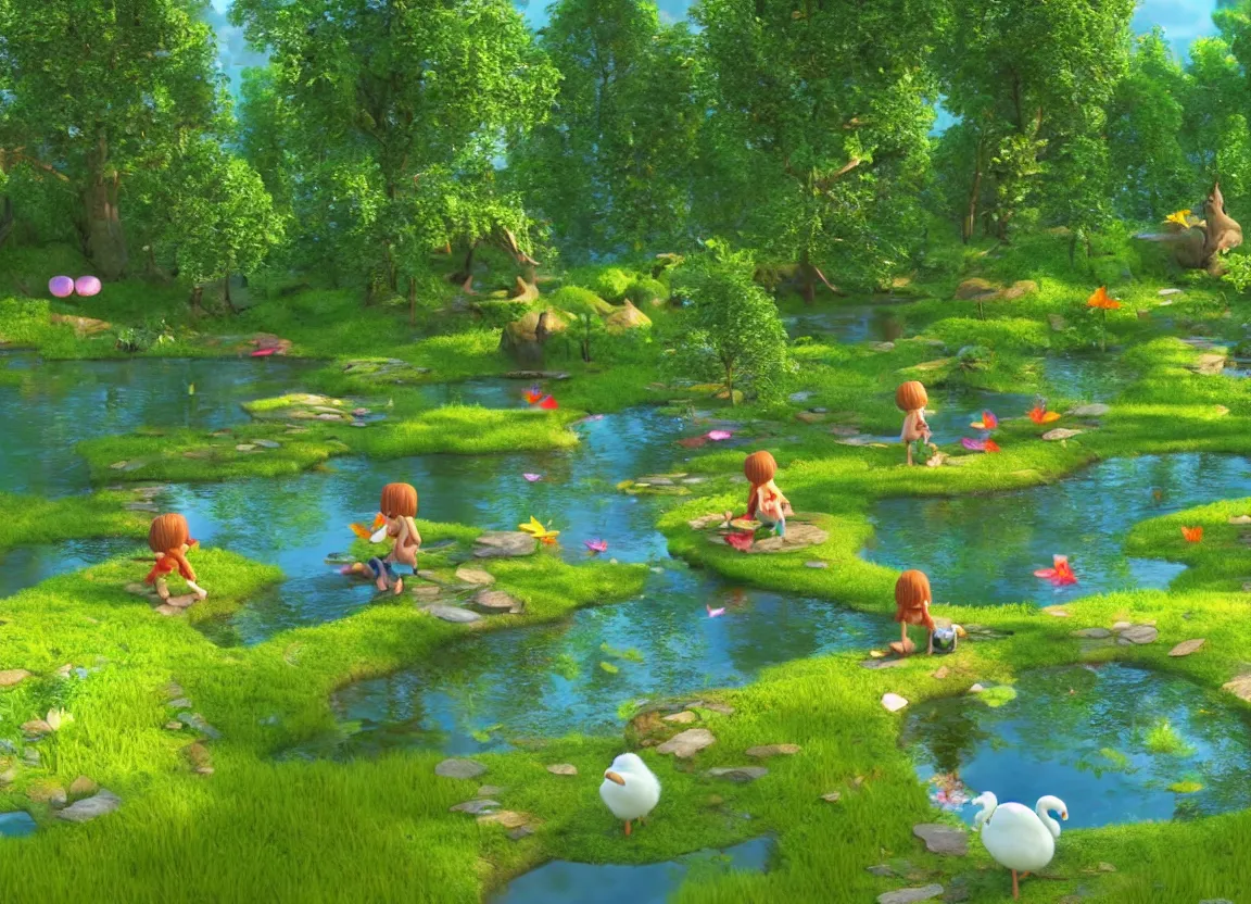 Prompt: kids playing around pond lake in dense forest, trees, bushes, cozy nature, sunlight, daylight, butterflies, swan, stones, moss, 3 d animation pixar