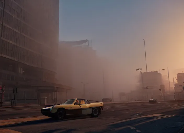 Image similar to gta in moscow, playstation 5 screenshot, symmerical, mega details, golden hour, fog, beautiful rtx reflections, brutalism buildings, photorealistic, unreal engine 5, octane render, volumetric light, cg society, 4 k, bokeh, lada car, artstation