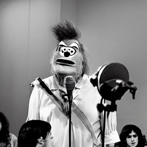 Prompt: a bigfoot clown holds a microphone and stands in the audience of a daytime talk show, speaks to audience member, 3 5 mm photography