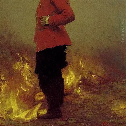 Prompt: high quality high detail painting by ilya repin, man standing in front of huge fire, hd