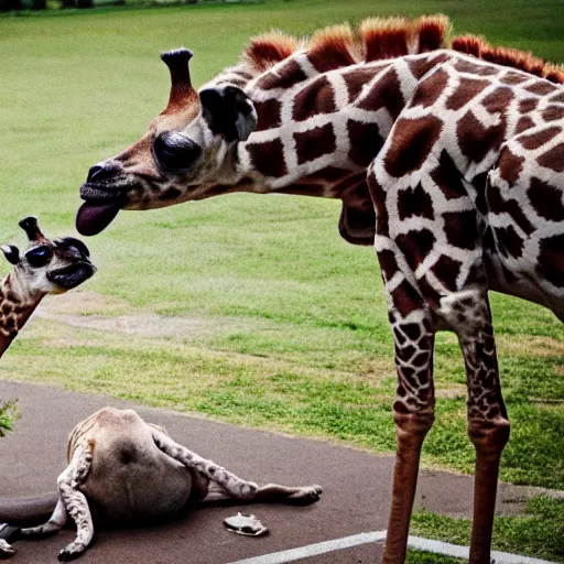 Prompt: a Giraffe-Pug Hybrid, A Giraffe that looks like a pug, huge tusks, afternoon hangout, good times photograph, candid