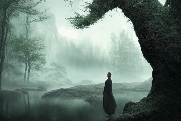 Prompt: an ultra realistic cinematic!! headshot portrait!! of an evil wizard in a vast serene landscape with trees and rivers in the matrix, matrix code, detailed, deep focus, movie still, dramatic lighting, ray tracing, by michal karcz and ryoji ikeda