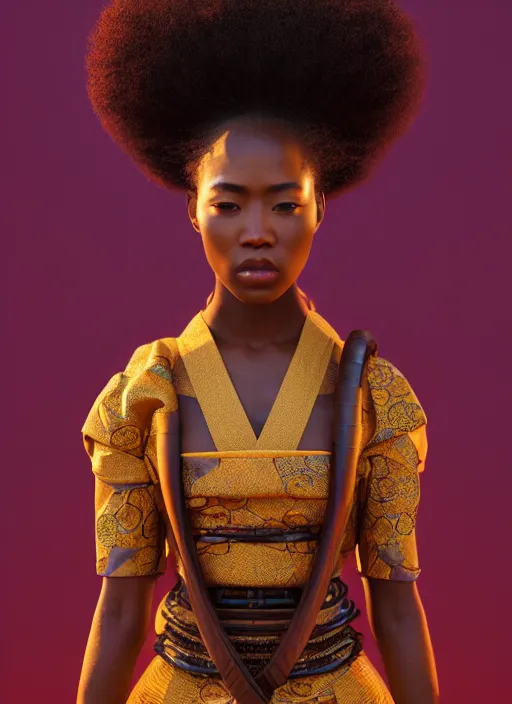 Prompt: attractive female portrait of african samurai, wearing gui, afro, rule of thirds, uplight, intricate, symmetrical!!, depth of field, cinematic, filmic, vsco, concept art, artstation, digital painting, elegant, model, gorgeous, adobe, vouge, magazine cover, epic, focus, octane render, vray render, arnold render,