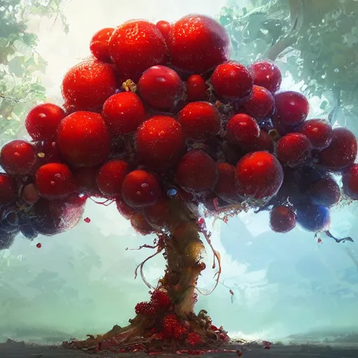 Image similar to tree made of fruits, by wlop, rossdraws, james jean, andrei riabovitchev, marc simonetti, yoshitaka amano, artstation, cgsociety