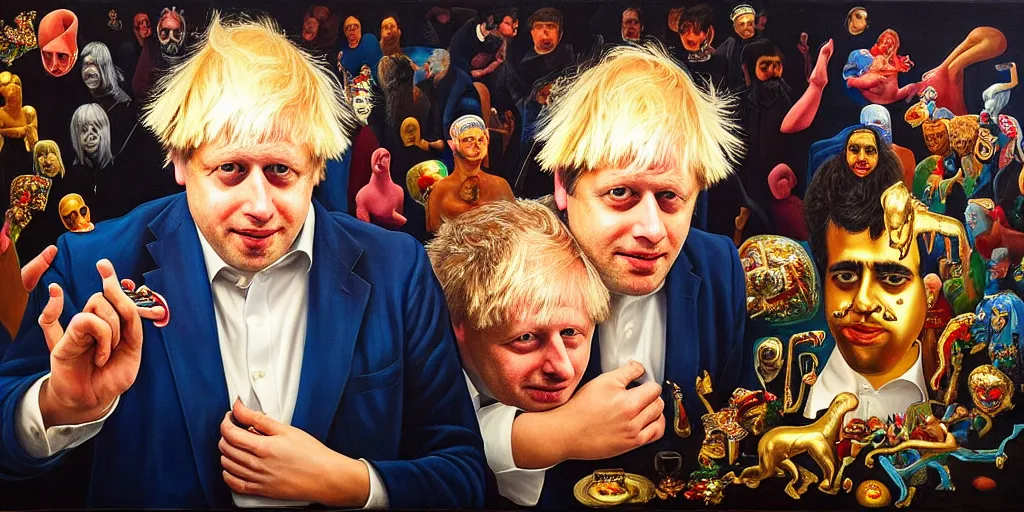 Image similar to rishi sunak and boris johnson in heaven, abstract oil painting by gottfried helnwein pablo amaringo raqib shaw zeiss lens sharp focus high contrast chiaroscuro gold complex intricate bejeweled