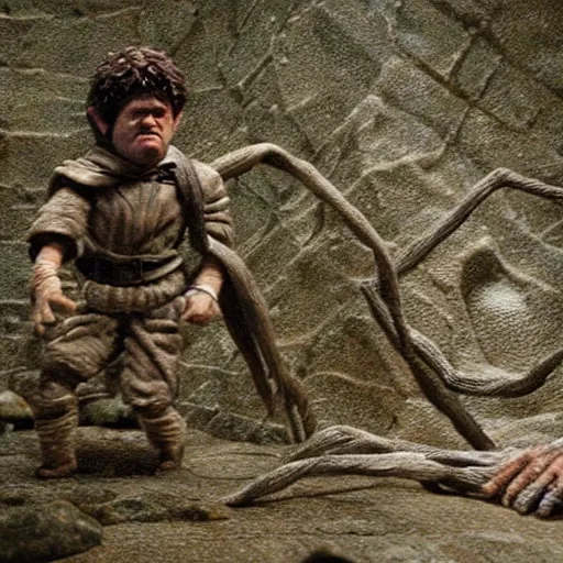 Image similar to claymation of samwise gamgee fighting shelob the spider in LOTR return of the king (2003), gritty, tilt shift, award winning, highly textured, very detailed!, eerie