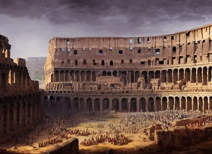 Image similar to Colosseum interior in the 100AD with two fighters in the middle and crowds cheering in kindah,digital art,realistic,detailed,art by greg rutkowski