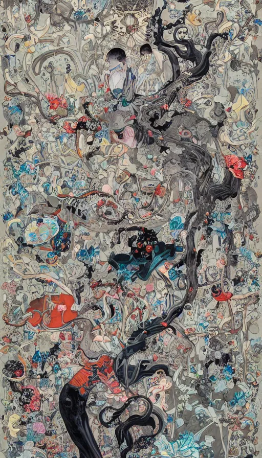 Image similar to life and death mixing together, by james jean,