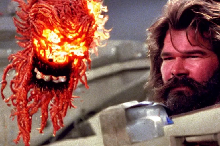 Image similar to scary filmic closeup color ground level angle movie still 35mm film color photograph of Kurt Russel with a beard and mustache burning an abstract alien organism from The Thing 1982 with a flamethrower, in the style of a horror film