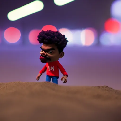 Image similar to a cinematic film still of a claymation stop motion film starring chance the rapper as a college student, shallow depth of field, 8 0 mm, f 1. 8