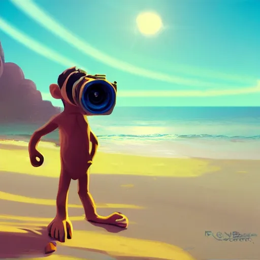 Prompt: monkey holding a camera in the Beach, mattepainting concept Blizzard pixar maya engine on stylized background splash comics global illumination lighting artstation lois van baarle, ilya kuvshinov, rossdraws