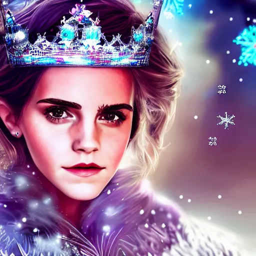 Image similar to Portrait shot of Emma Watson as the Queen of Ice, Ice crystal armor, snow falling, concept art, 4k, digital art, trending on art station, hd, doll, colorful backdrop, 3d anime