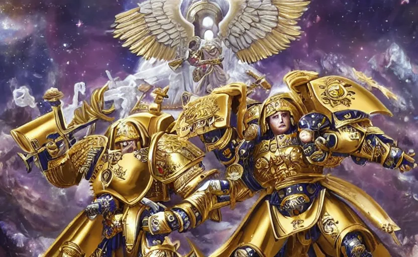 Image similar to the golden primarch of the emperor with angelic wings leading space marines into war, warhammer 40k anime