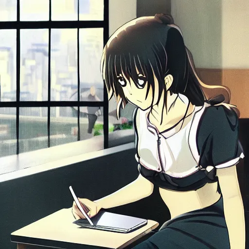 Image similar to marisa kirisame anime art, cafe, typing on laptop