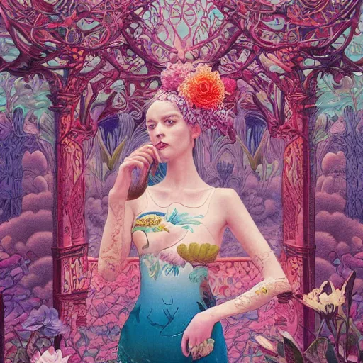 Image similar to pretty model with water lilies : : by martine johanna and simon stalenhag and chie yoshii and casey weldon and wlop : : ornate, dynamic, particulate, rich colors, intricate, elegant, highly detailed, vogue, harper's bazaar art, fashion magazine, smooth, sharp focus, 8 k, octane render