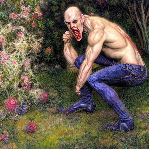 Image similar to pale screaming muscular ( vampire ), with jeans in a garden, by donato giancola.