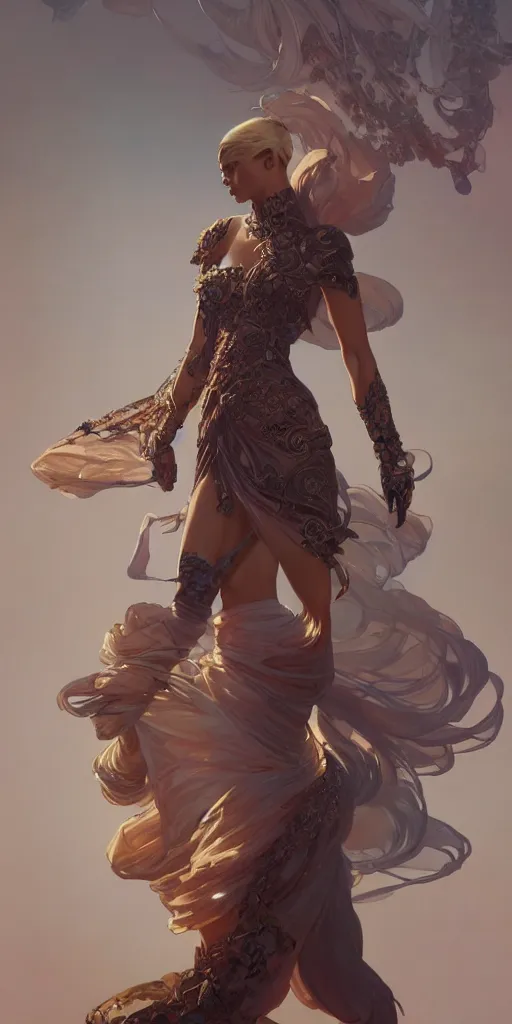 Prompt: high fashion shooting, intricate, highly detailed, action pose, digital painting, artstation, concept art, smooth, sharp focus, illustration, Unreal Engine 5, 8K, art by artgerm and greg rutkowski and alphonse mucha