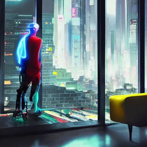 Image similar to painted by Robin Eley, a man in a neon suit stands in an empty room, his right arm and leg are cybernetic prosthetics. Outside the large floor to ceiling windows is a vast cyberpunk cityscape