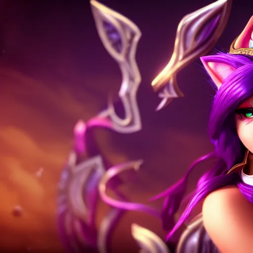 Image similar to Photo of Ahri from League of Legends, close-up, high detail, studio, fantasy, octane 3D, ominous background, sharp