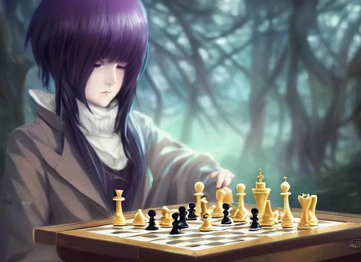 Image similar to a pale anime girl playing chess, league of legends, with golden eyes, straight sky blue hair, long bangs, black jacket, high collar, concept art, award winning photography, digital painting, cinematic, by wlop, anime key visual, wlop, 8 k, by ross tran, tom bagshaw, andy warhol