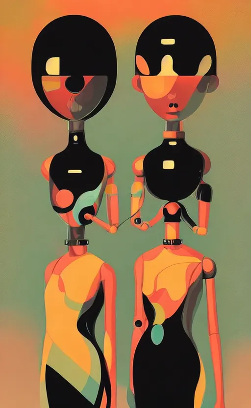 Prompt: portrait of two girl with robot head and with very tight black latex dress by Petros Afshar and Beeple, James Gilleard, Mark Ryden, Wolfgang Lettl highly detailed