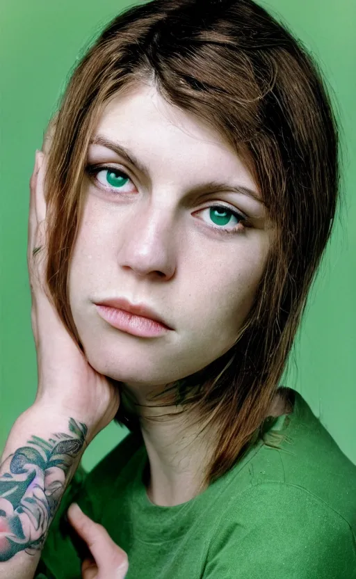 Image similar to tattooed white girl, brown hair, green eyes, dutch, wide set eyes, oval face, round cheeks, wearing green shirt, symmetrical, 3 0 years old, pretty, high cheekbones, leica s, 5 0 mm lens, kodachrome, 1 9 6 9, shot by platon