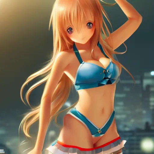 Image similar to a giant macro very beautiful young yuuki asuna, full body, long wavy blond hair, sky blue eyes, full round face,, bikini, miniskirt, stepping on a miniature city, cinematic wallpaper by stanley artgerm lau