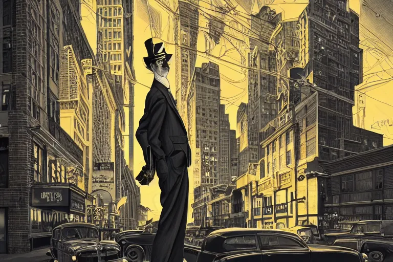 Image similar to a personified llama wearing a 1 9 4 0's noire detective outfit, standing in the streets of chicago at night looking at a crime scene, crime scene photography by moebius, junji ito, tristan eaton, victo ngai, artgerm, rhads, ross draws, hyperrealism, intricate detailed, risograph