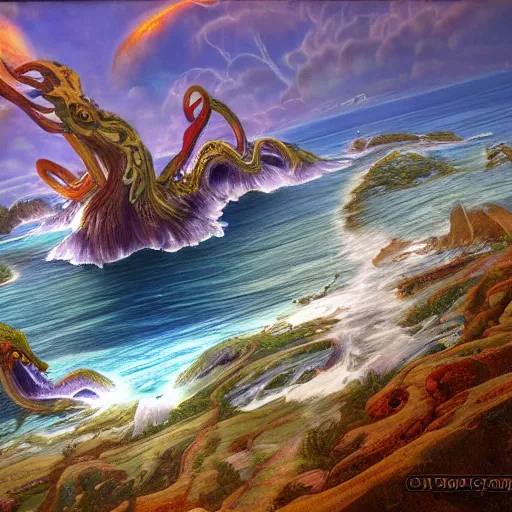 Image similar to a painting of a mythical hydra on lsd by james gurney, 8k unreal engine