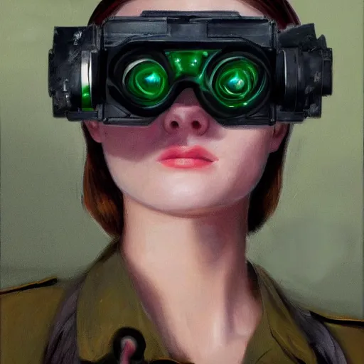 Prompt: ultra realistic portrait painting of elle fanning in splinter cell wearing night vision goggles, art by frank frazetta, 4 k, ultra realistic, highly detailed, epic lighting