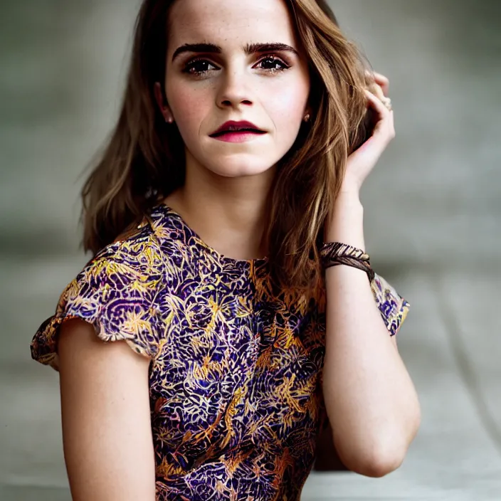 Prompt: a portrait of Emma Watson wearing batik dress, by Charlotte Grimm, natural light, detailed face, CANON Eos C300, ƒ1.8, 35mm, 8K, medium-format print