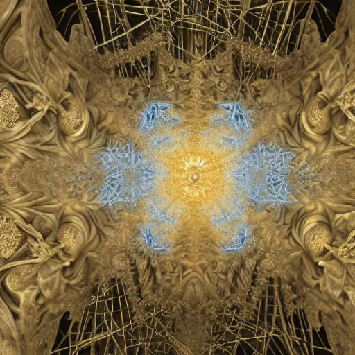 Prompt: a hyperrealistic 3 d painting of a huge sprawling fractal cathedral interior populated by mandelbrot fractals by android jones, unreal engine, carved soap, white color scheme, volumetric lighting, octane render, dramatic lighting, glowing, carved marble, opalescent, carved wood, sacred geometry, religious, angelic, catholicpunk, stark, 8 k, ultra detailed