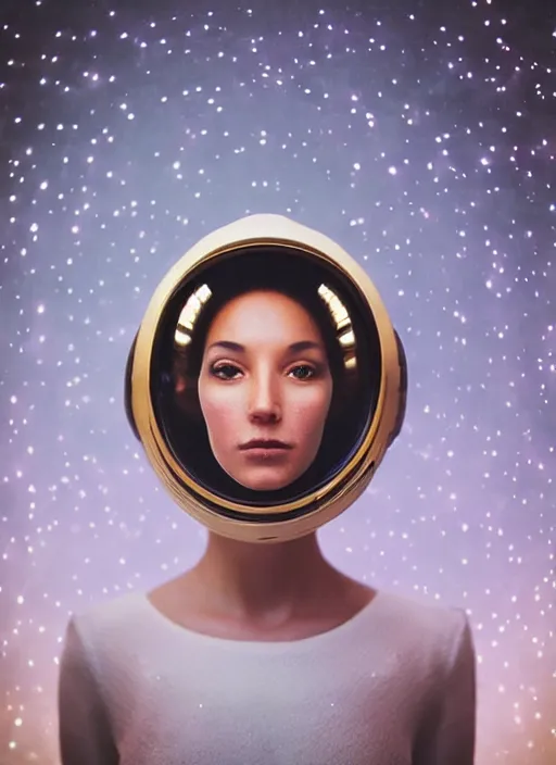 Prompt: photograph portrait of a very pretty!!! woman! symmetric face, petzval lens. out of focus, look at the camera!. in an very detailed elegant gold! astronaut costume and futuristic helmet!!, led lights reflections. space station. by alesio albi and george lucas and stanley kubrick