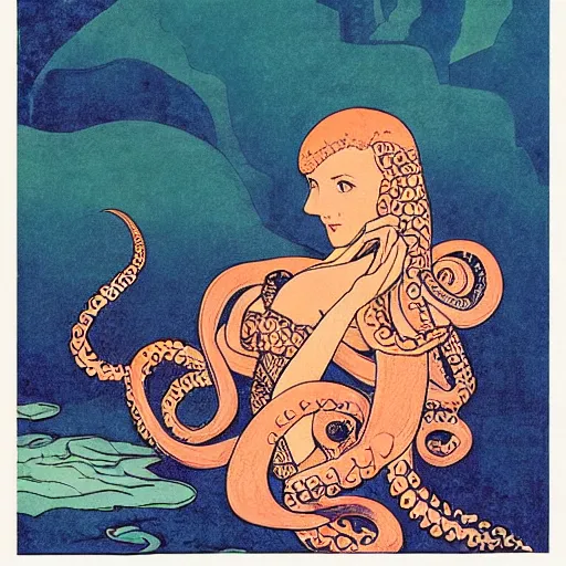 Image similar to ivan bilibin and edmund dulac and ilya kuvshinov inspired print of octopus