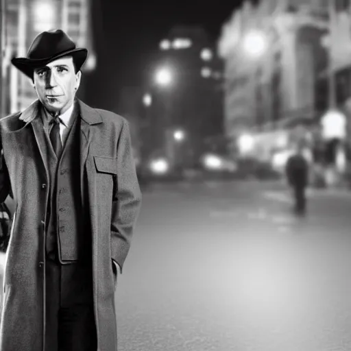 Image similar to a picture of a man with the face of humphrey bogart, wearing a 1 9 4 0's noire detective outfit with fedora and trench coat, standing in the streets of chicago at night, detailed unblurred face, 4 k octane render highly realistic digital painting