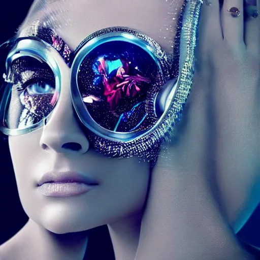 Prompt: portrait of a beautiful futuristic woman layered with high-tech jewelry wrapping around her face and head, 2067