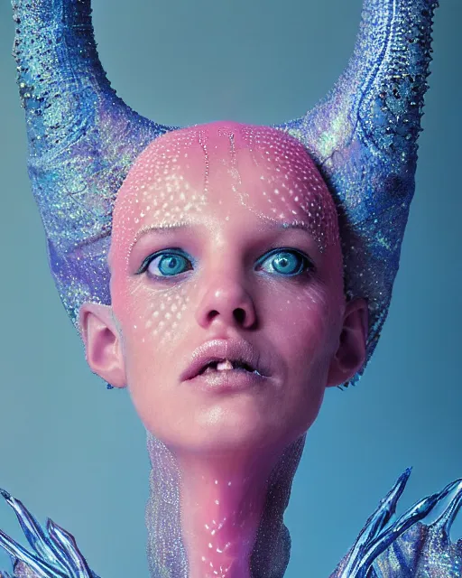 Image similar to natural light, soft focus portrait of a cyberpunk anthropomorphic starfish with soft synthetic pink skin, blue bioluminescent plastics, smooth shiny metal, elaborate ornate head piece, piercings, skin textures, by annie leibovitz, paul lehr